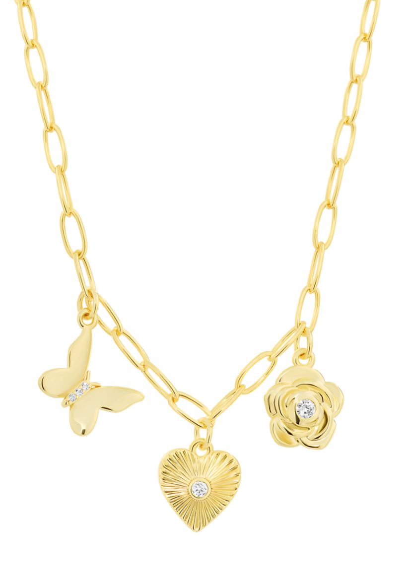 Gold Plated Cubic Zirconia and Crystal 3 Charm Paperclip Necklace