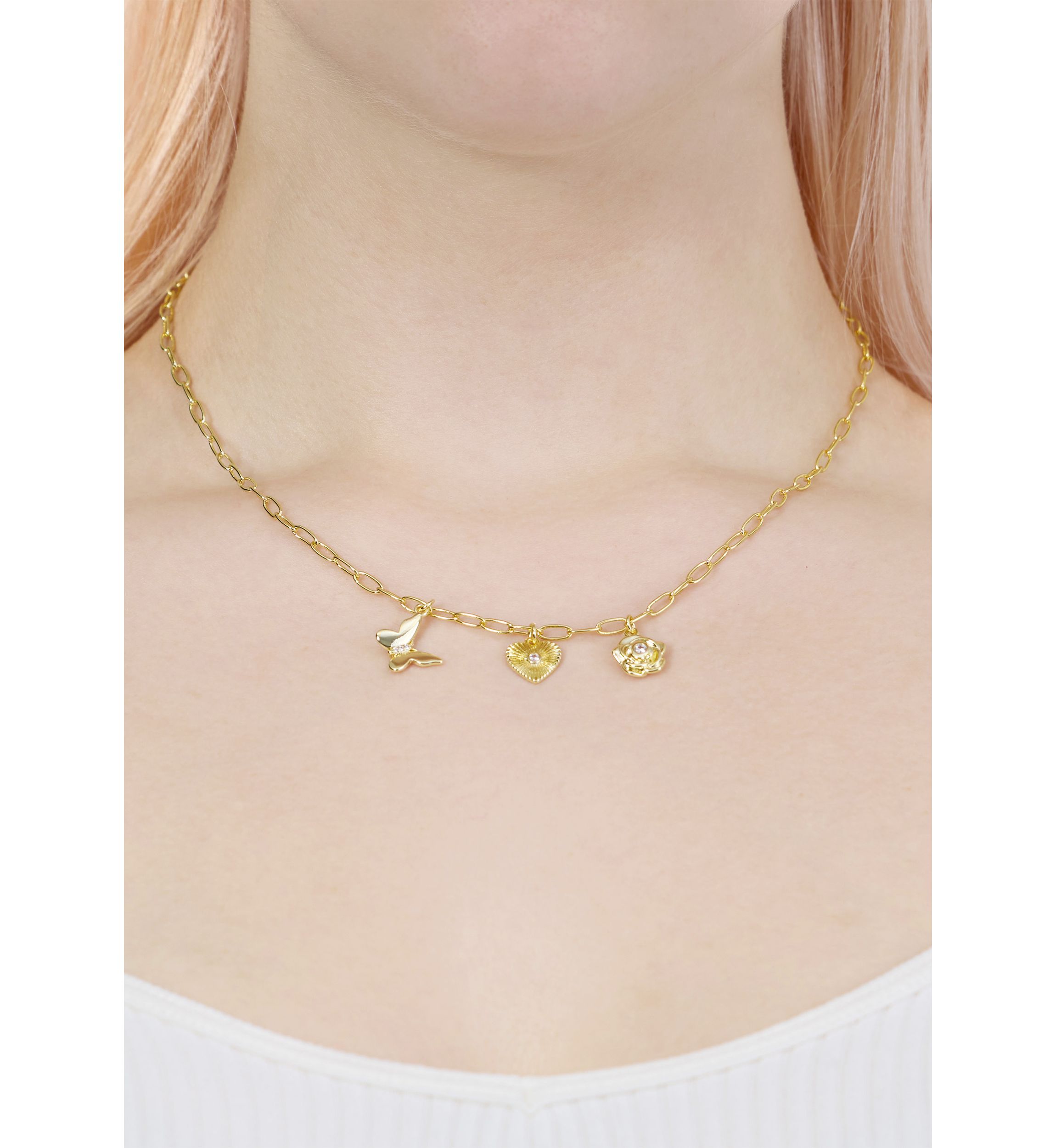Gold Plated Cubic Zirconia and Crystal 3 Charm Paperclip Necklace