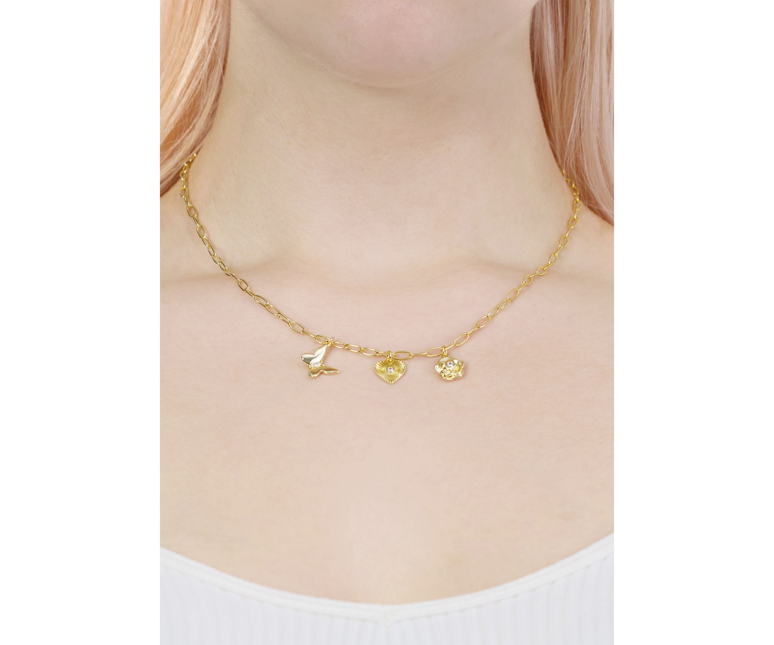 Gold Plated Cubic Zirconia and Crystal 3 Charm Paperclip Necklace