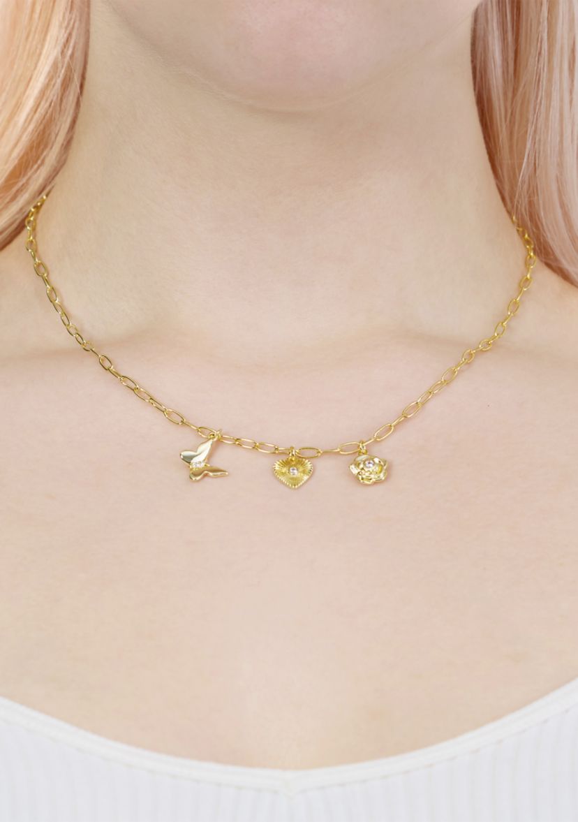 Gold Plated Cubic Zirconia and Crystal 3 Charm Paperclip Necklace