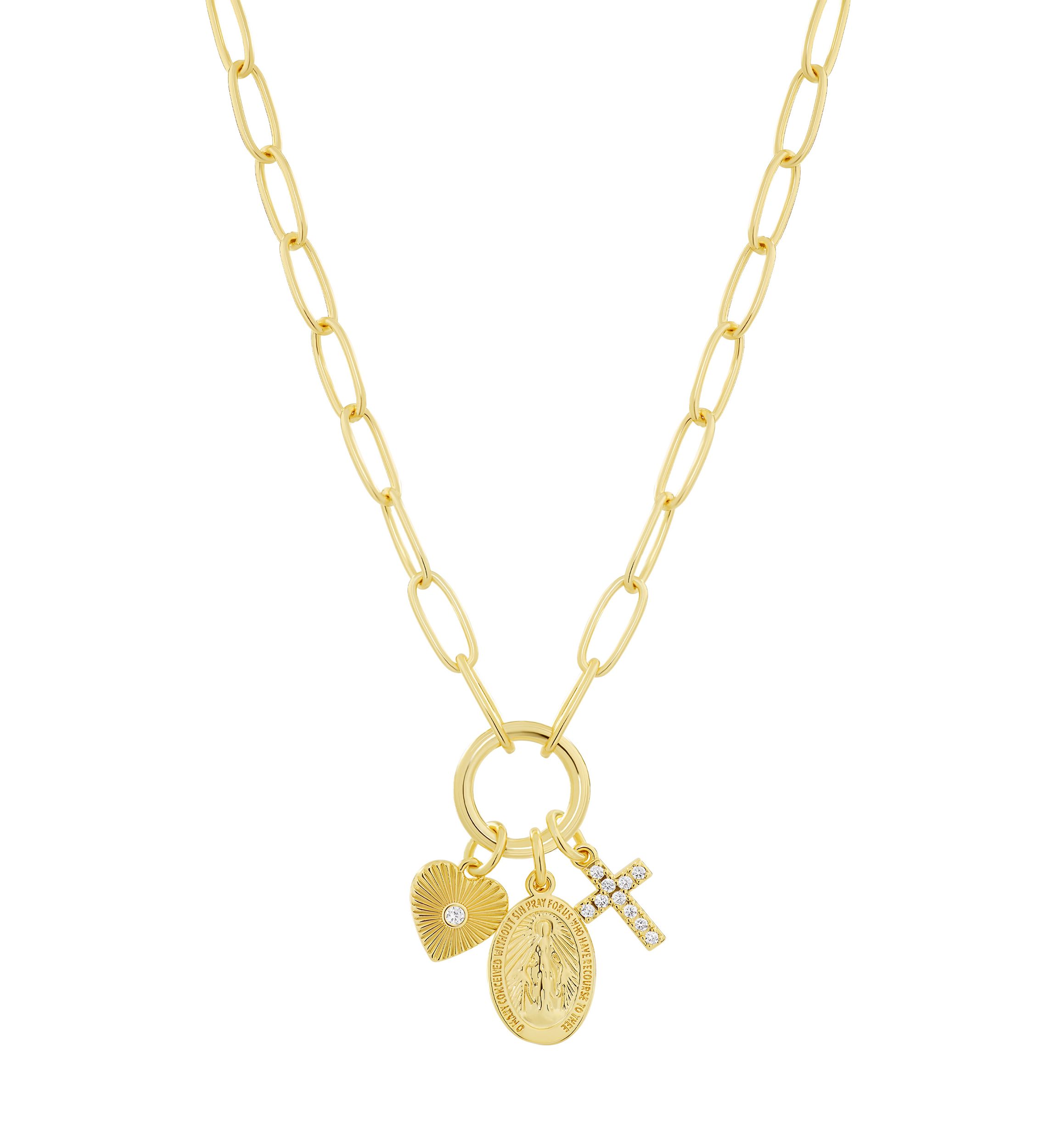 Gold Plated Cubic Zirconia Religious 3 Charm Paperclip Necklace