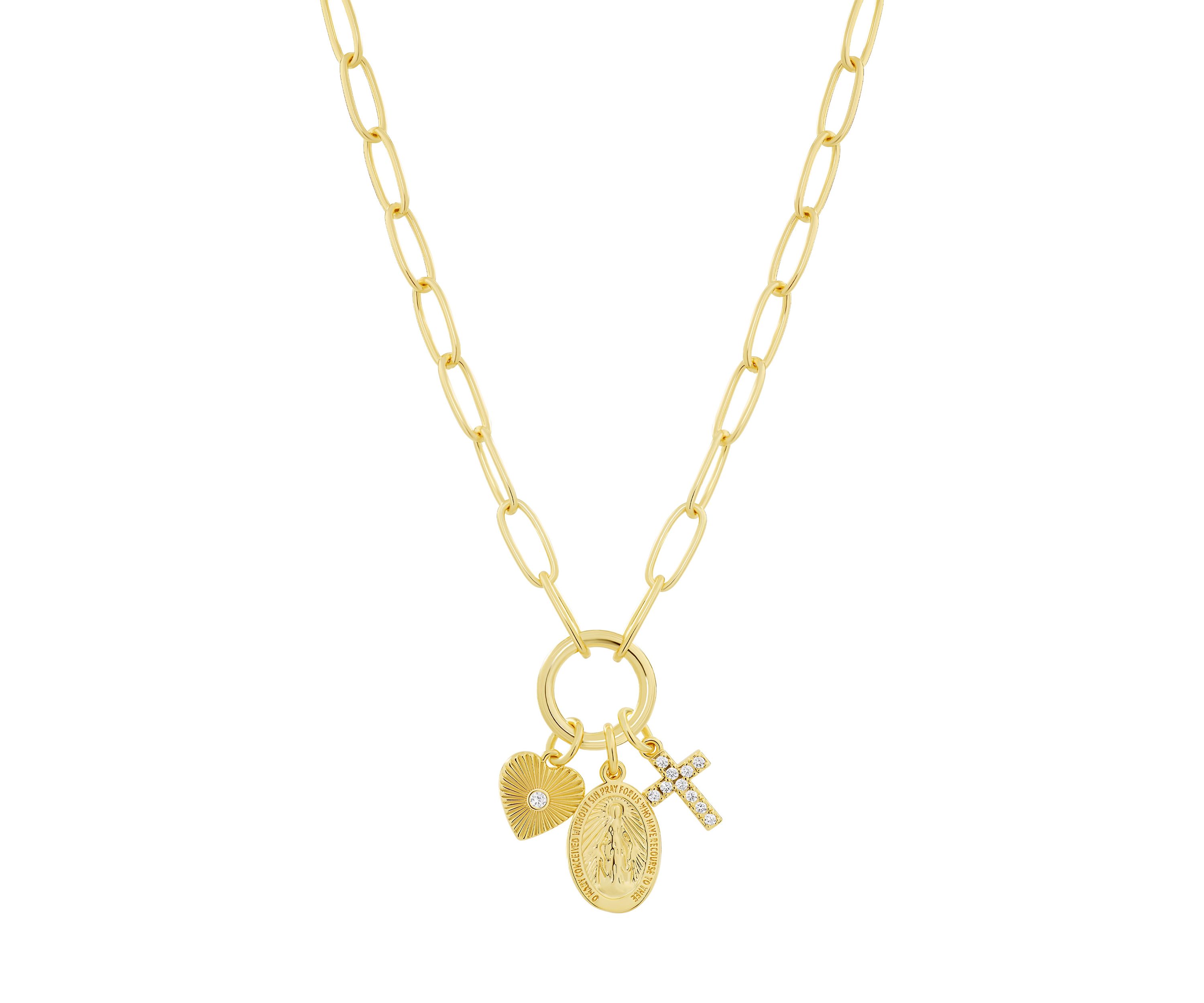 Gold Plated Cubic Zirconia Religious 3 Charm Paperclip Necklace