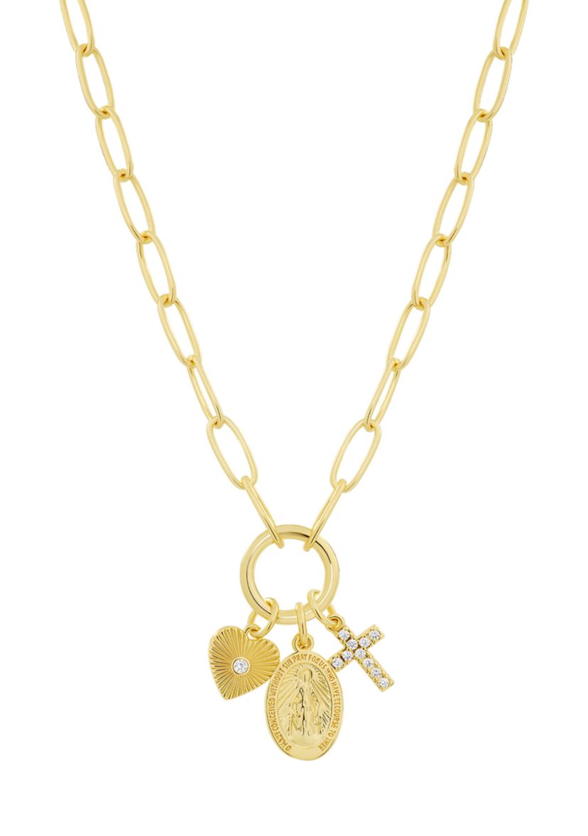 Gold Plated Cubic Zirconia Religious 3 Charm Paperclip Necklace