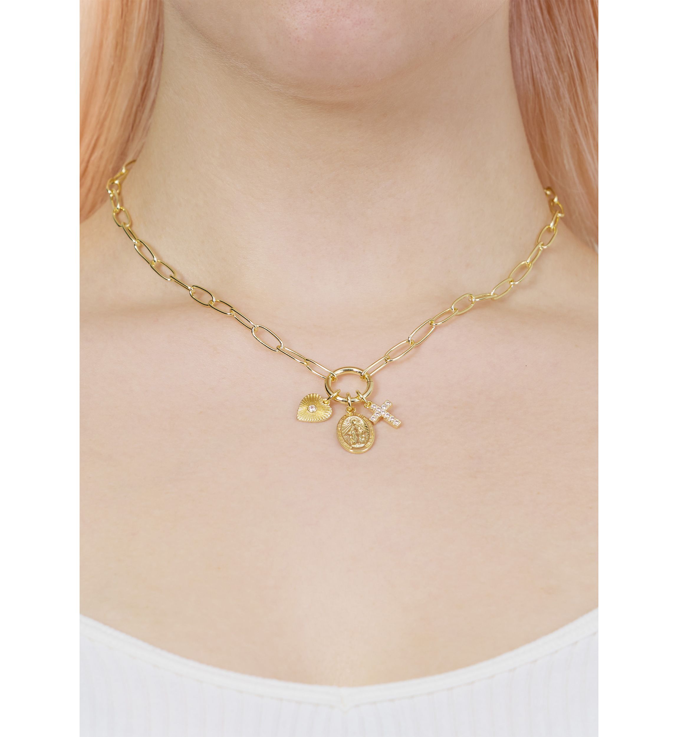 Gold Plated Cubic Zirconia Religious 3 Charm Paperclip Necklace