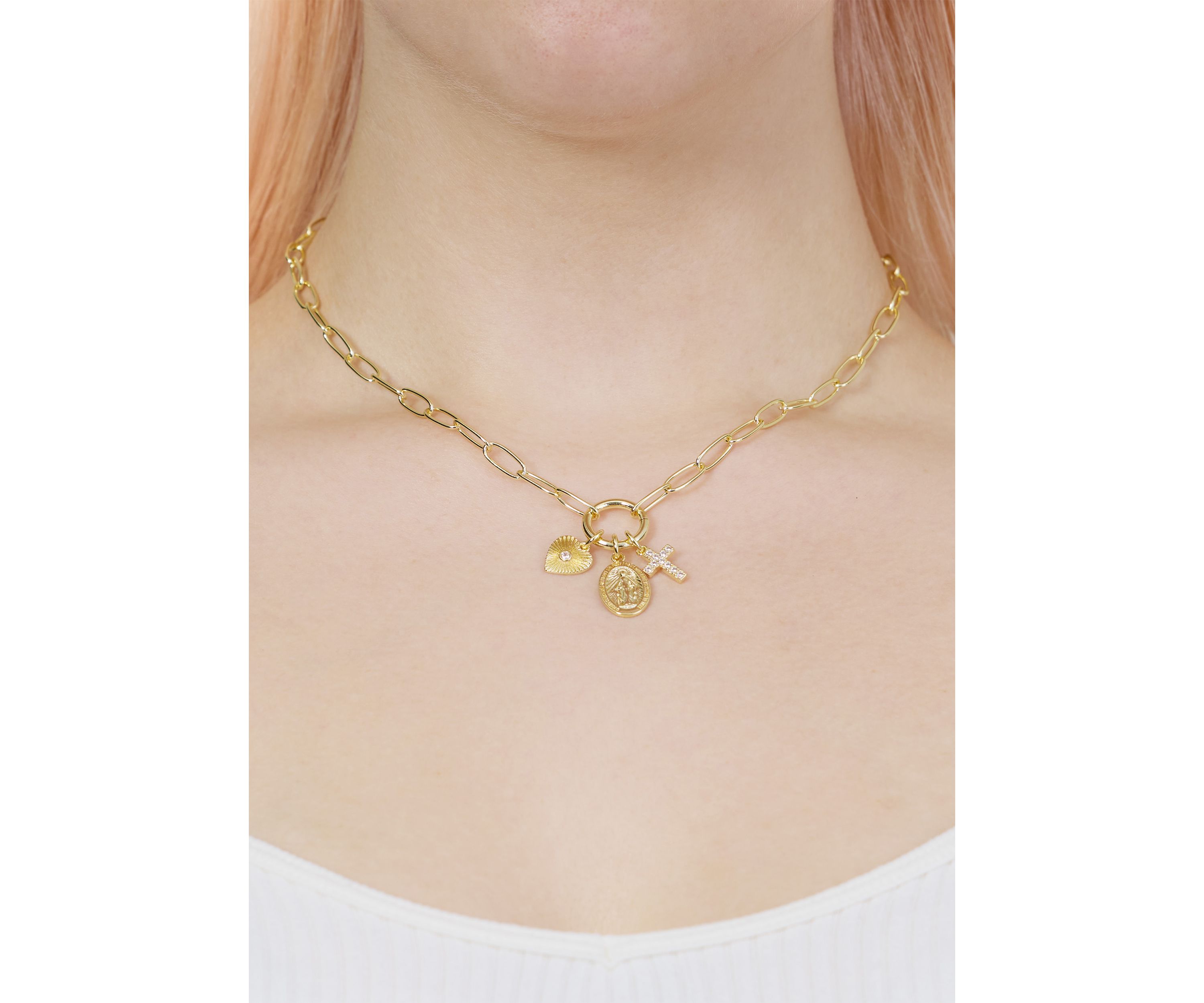 Gold Plated Cubic Zirconia Religious 3 Charm Paperclip Necklace
