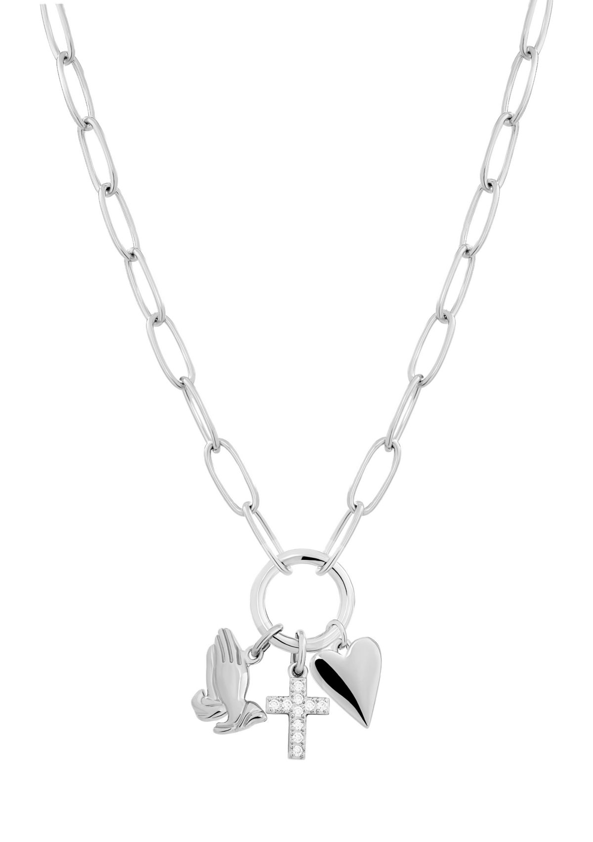 Silver Plated Cubic Zirconia Cross, Pray, Heart 3 Charm Paperclip Necklace