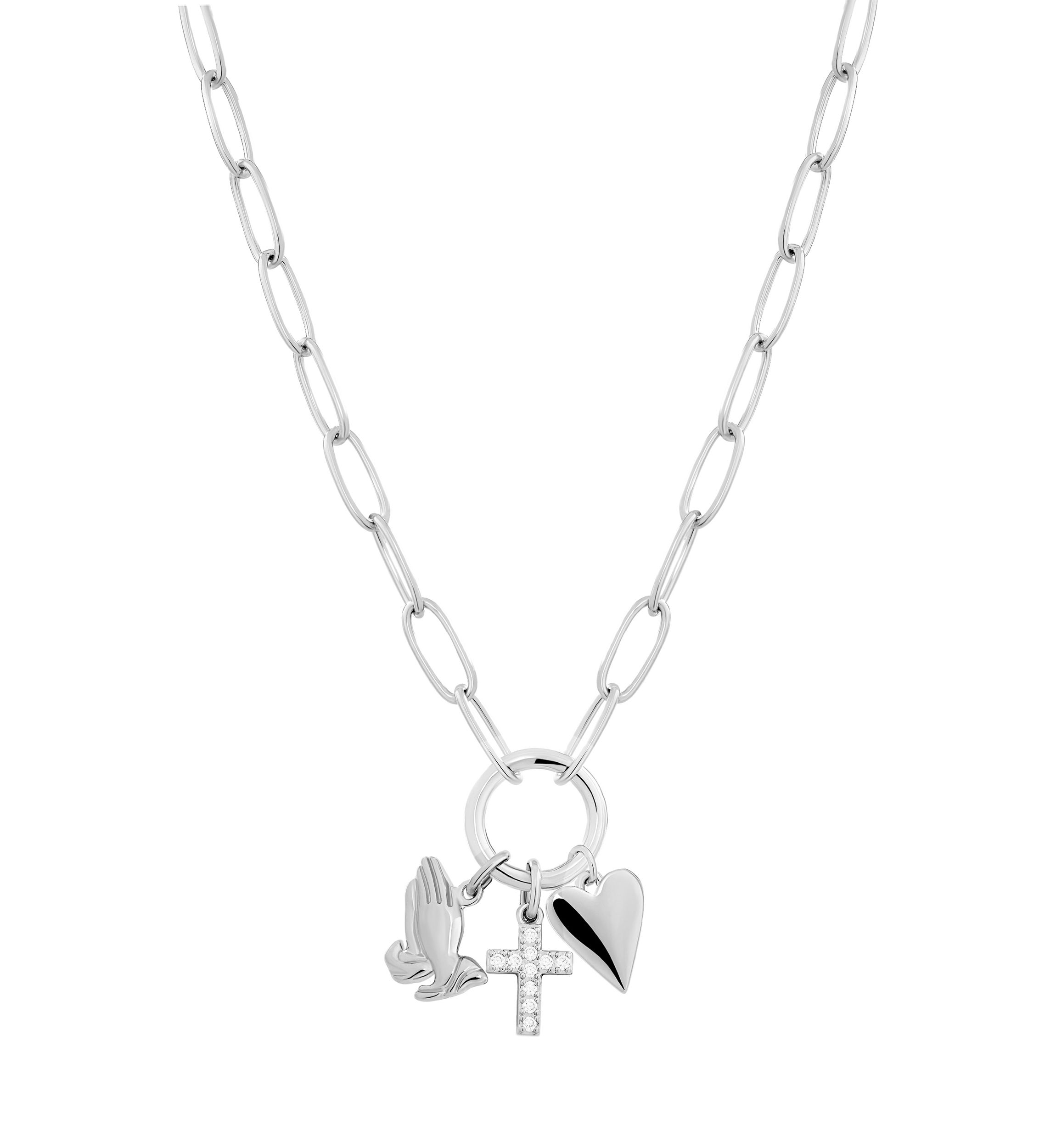 Silver Plated Cubic Zirconia Cross, Pray, Heart 3 Charm Paperclip Necklace