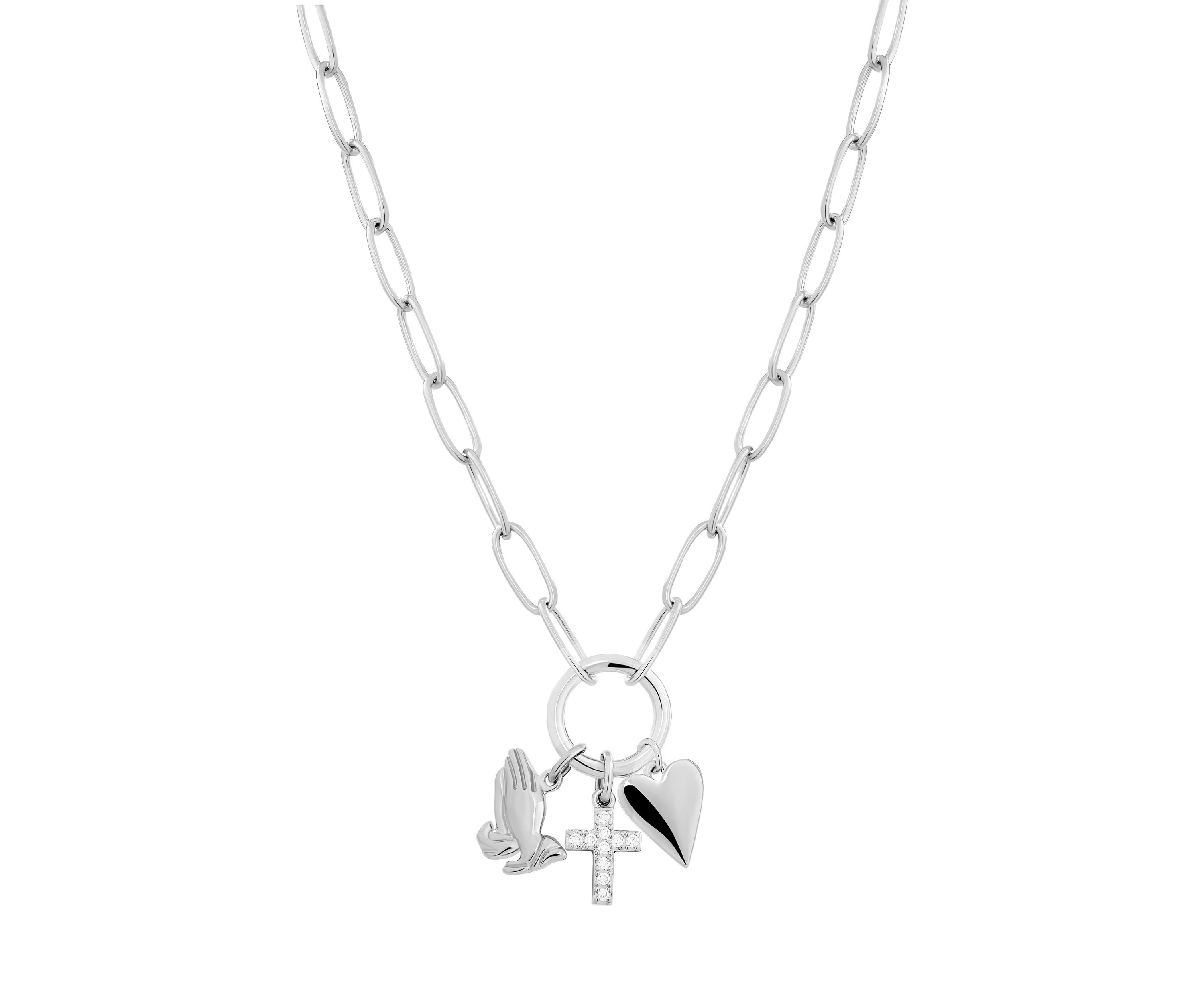 Silver Plated Cubic Zirconia Cross, Pray, Heart 3 Charm Paperclip Necklace
