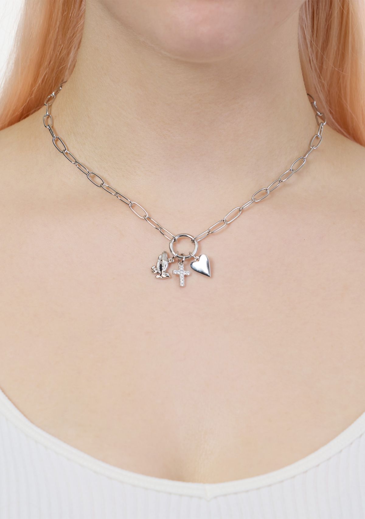 Silver Plated Cubic Zirconia Cross, Pray, Heart 3 Charm Paperclip Necklace