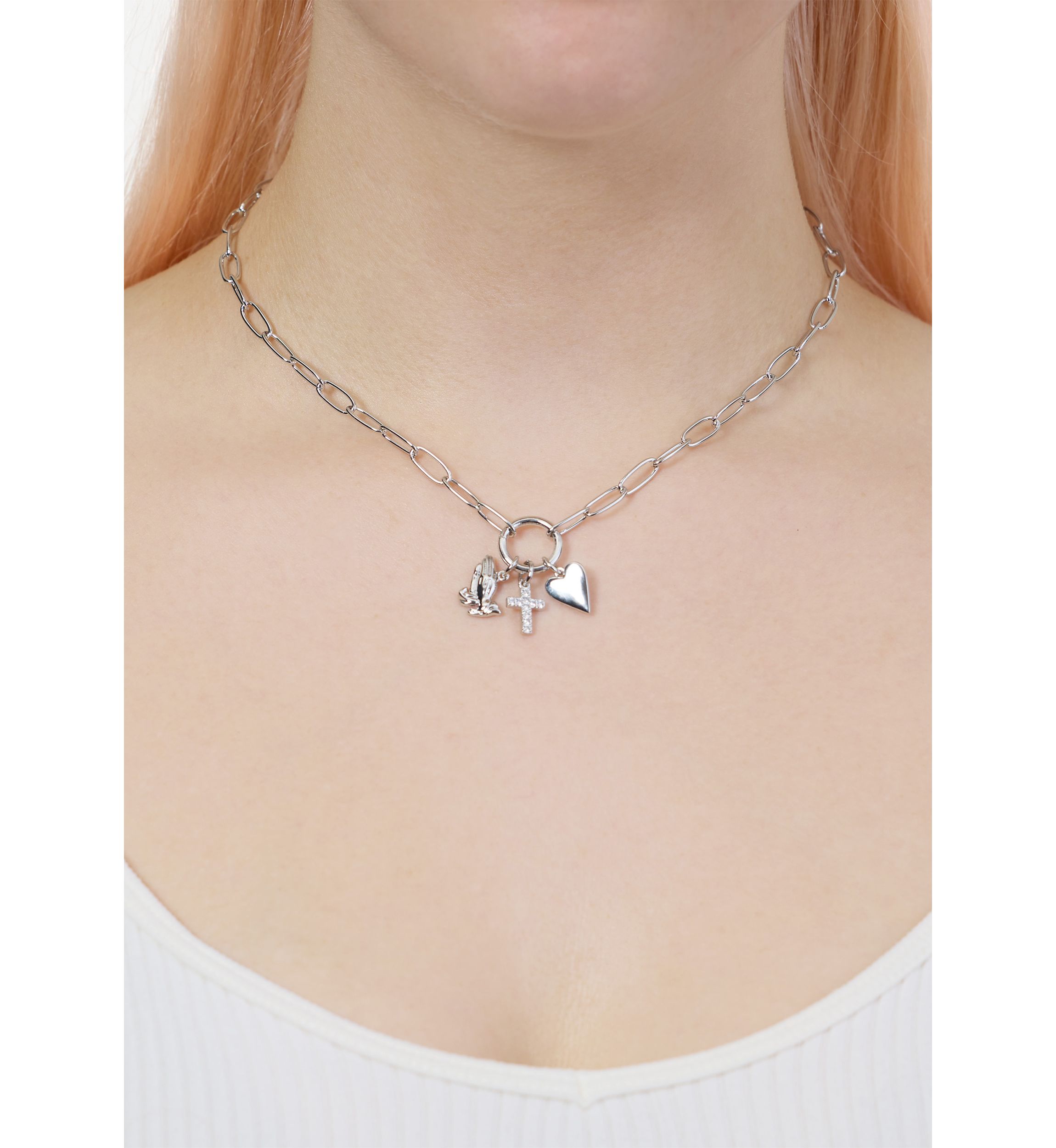 Silver Plated Cubic Zirconia Cross, Pray, Heart 3 Charm Paperclip Necklace