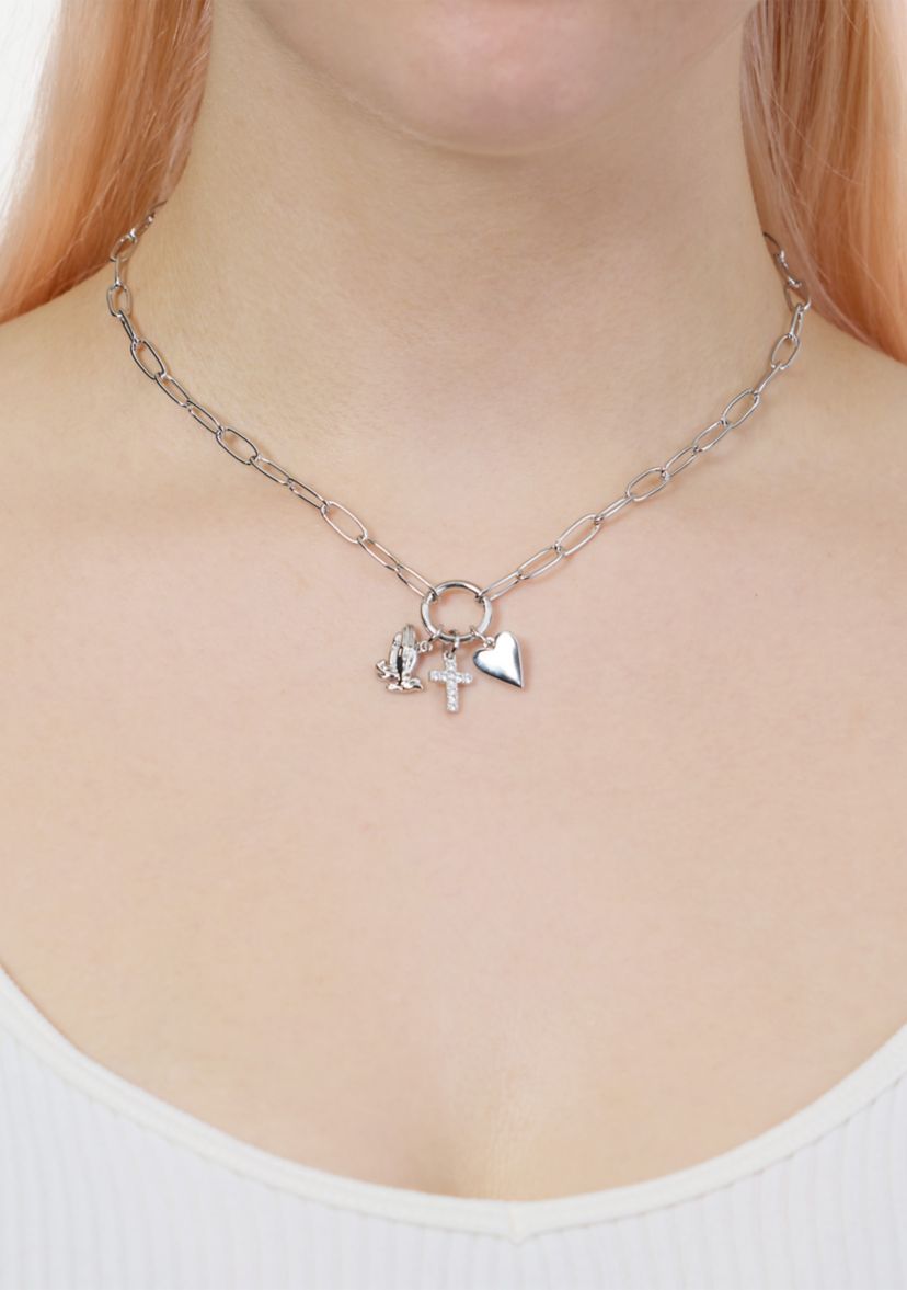 Silver Plated Cubic Zirconia Cross, Pray, Heart 3 Charm Paperclip Necklace