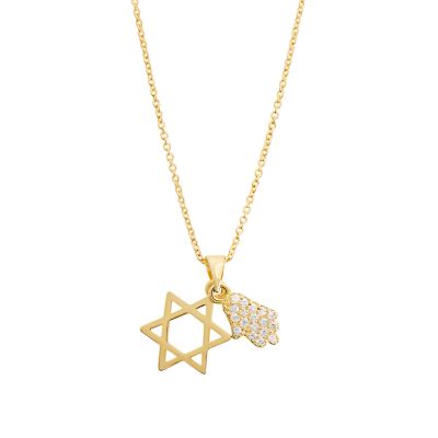Belk Silverworks Gold Plated 16"+2" Cubic Zirconia Hamsa and Star of David Necklace