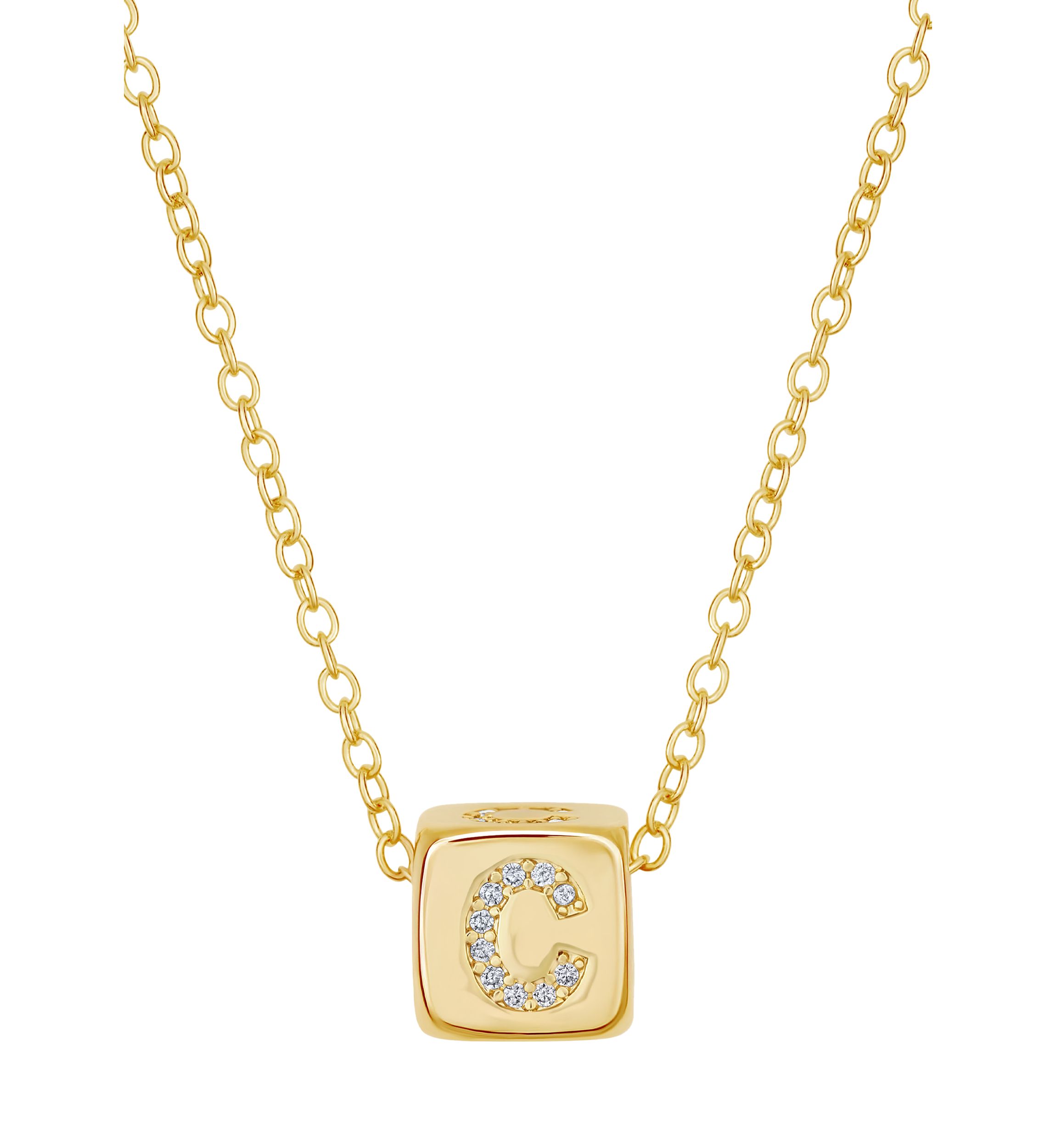 Gold Plated Cubic Zirconia Initial Cube Necklace