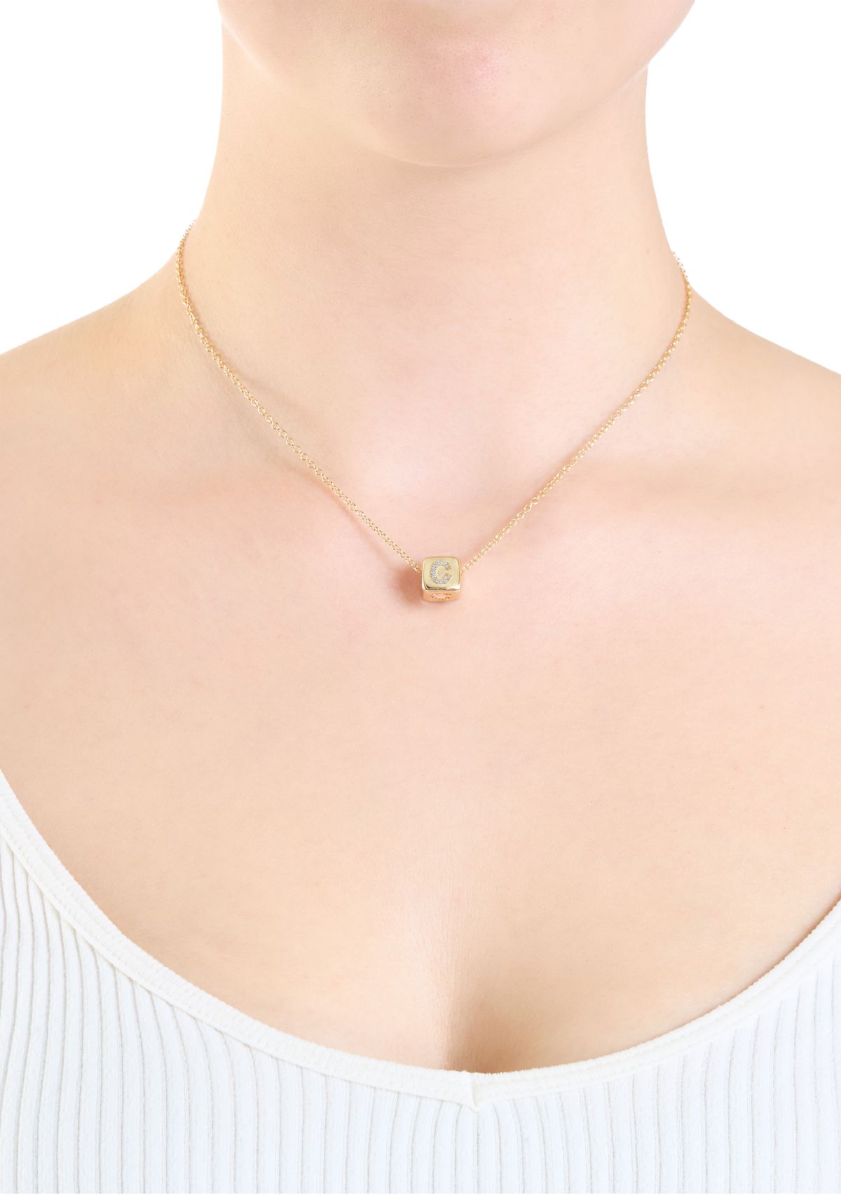 Gold Plated Cubic Zirconia Initial Cube Necklace