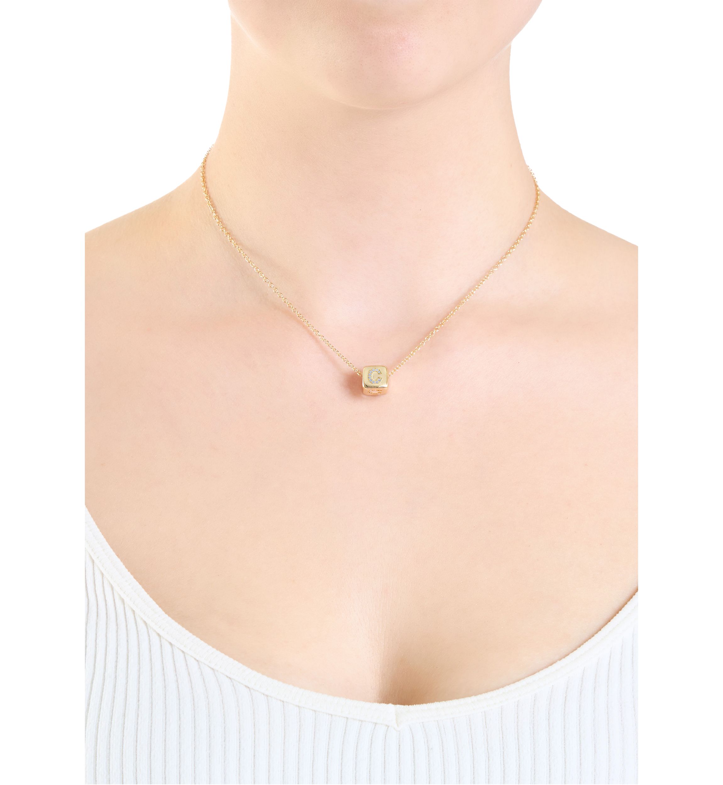 Gold Plated Cubic Zirconia Initial Cube Necklace