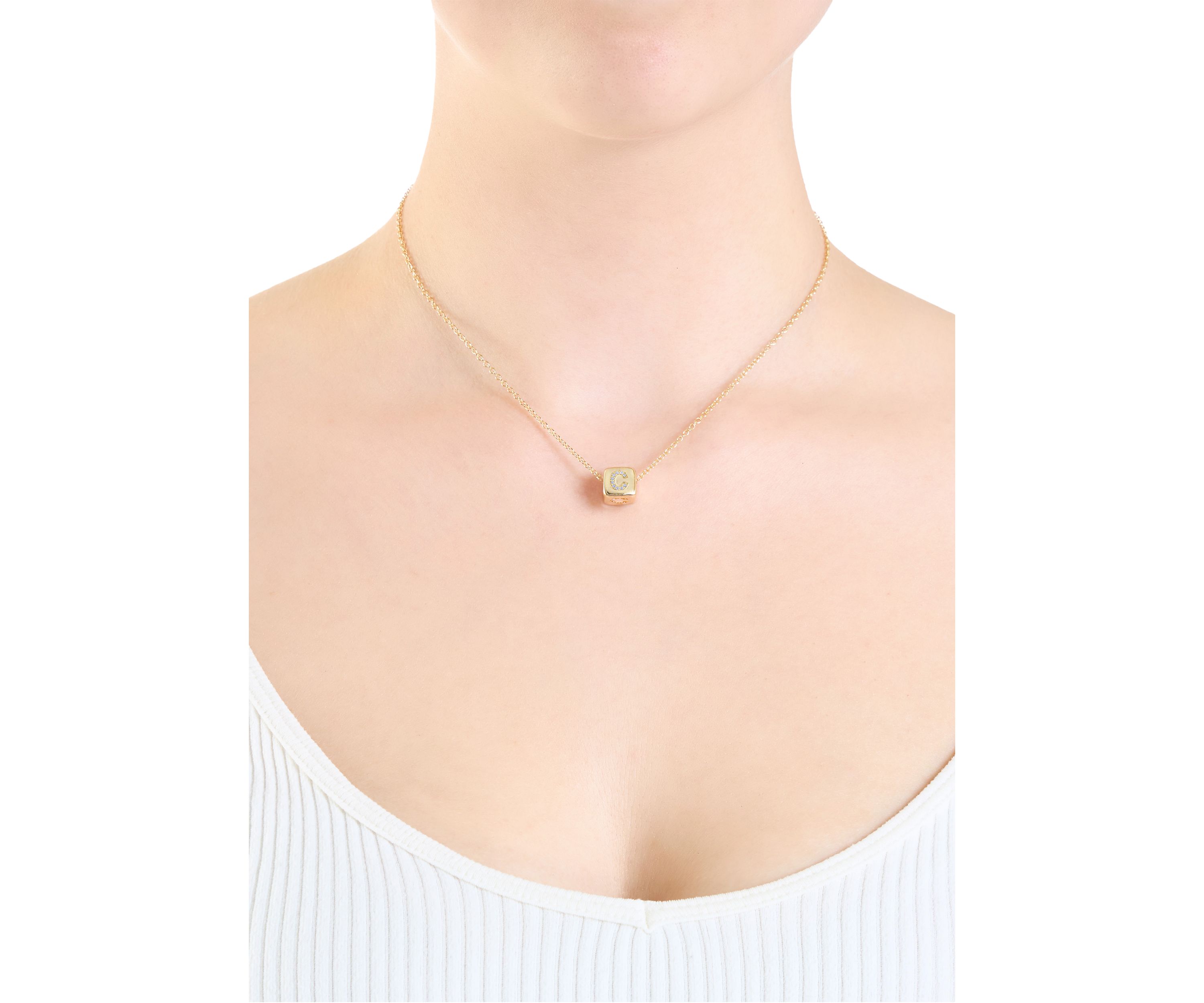 Gold Plated Cubic Zirconia Initial Cube Necklace