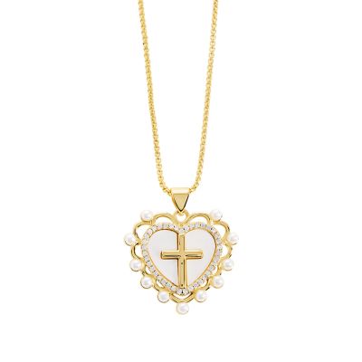 Belk Silverworks Gold Plated 18" Mother of Pearl Heart Cross Necklace