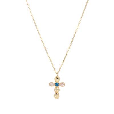 Belk Silverworks Gold Plated 16+2" Blue Cubic Zirconia Cross Necklace