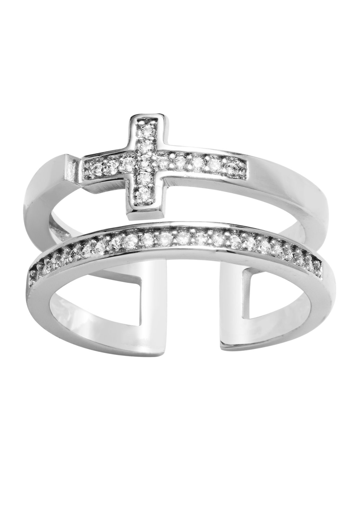 Silver Plated Cubic Zirconia Sideways Cross Ring - Size 7