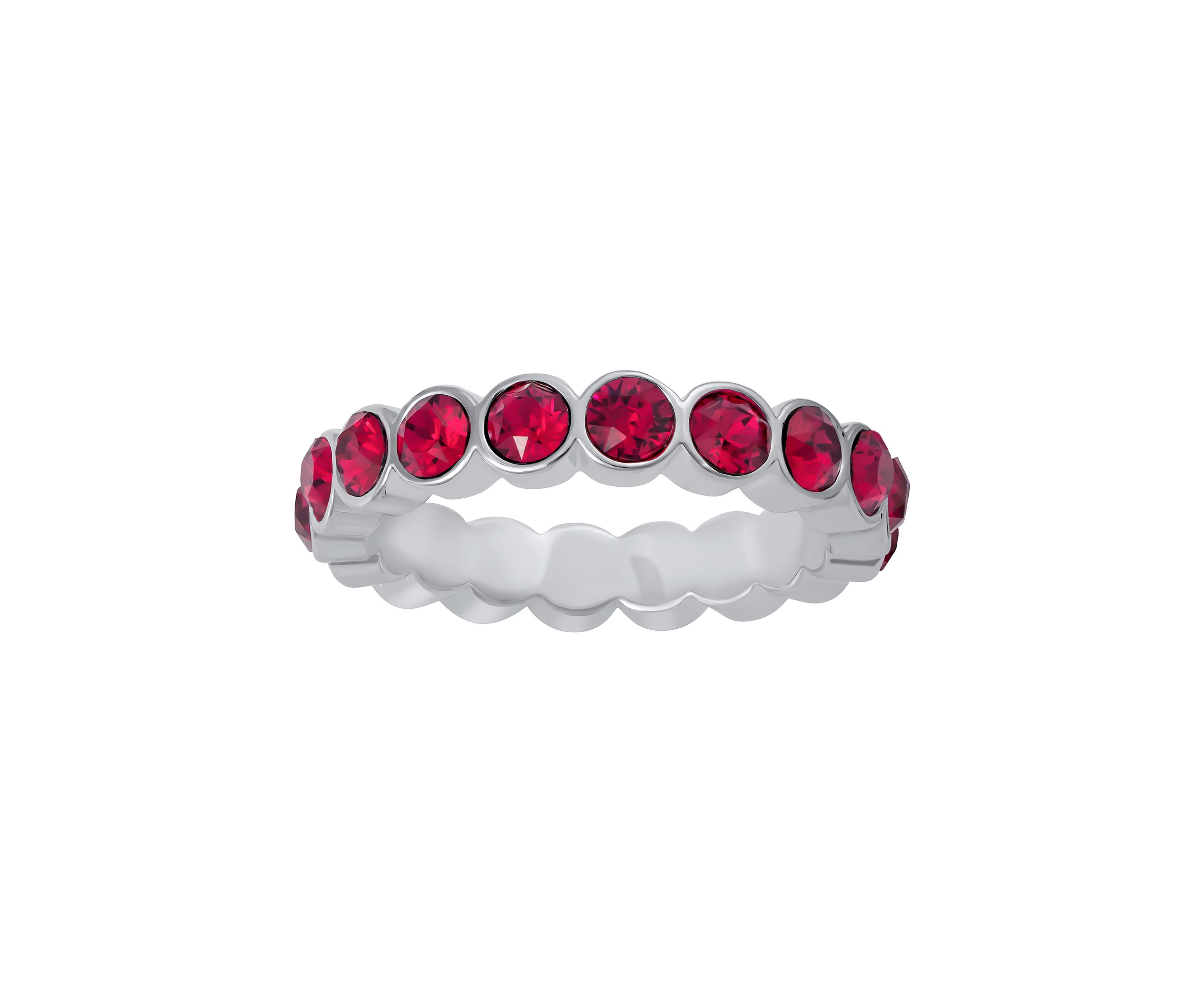 Fine Silver Plated 3 Millimeter Ruby Crystal Eternity Band Ring