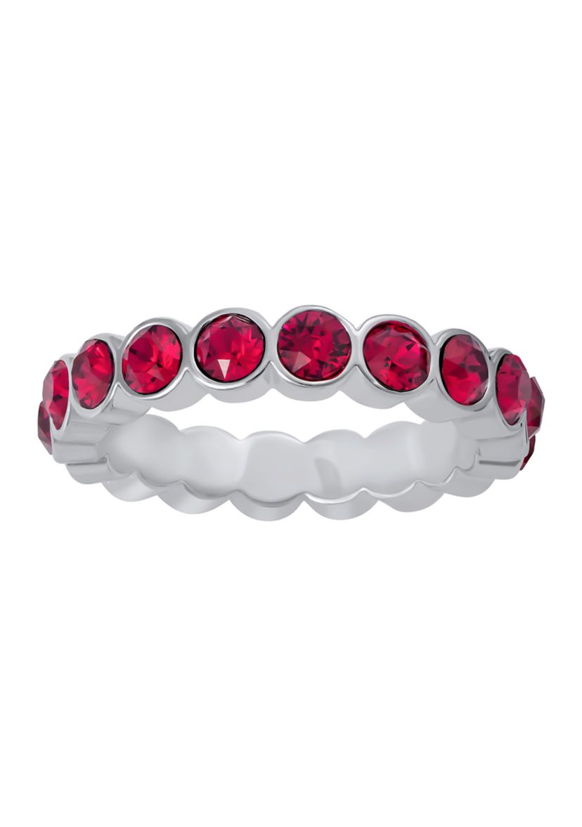 Fine Silver Plated 3 Millimeter Ruby Crystal Eternity Band Ring