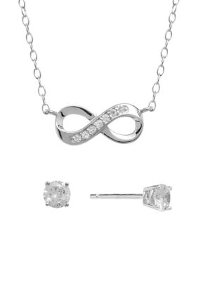 Boxed Sterling Silver 16" Cubic Zirconia Infinity Necklace and 4 Millimeter Stud Earrings Set