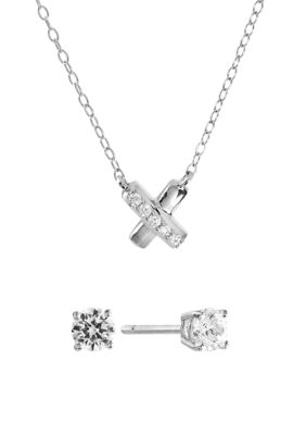 Boxed Sterling Silver Cubic Zirconia X Necklace and Stud Earring Set
