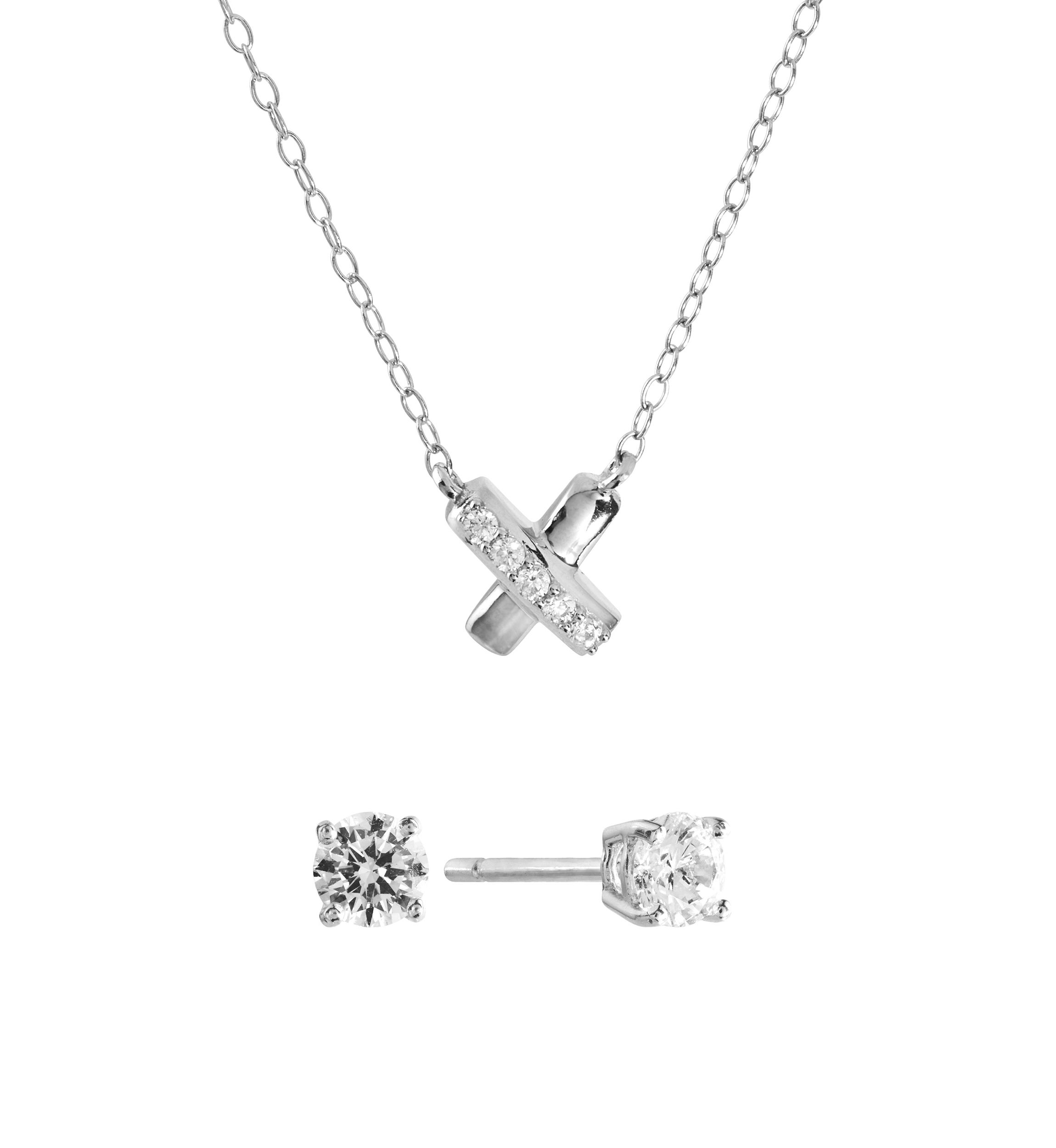 Boxed Sterling Silver Cubic Zirconia X Necklace and Stud Earring Set