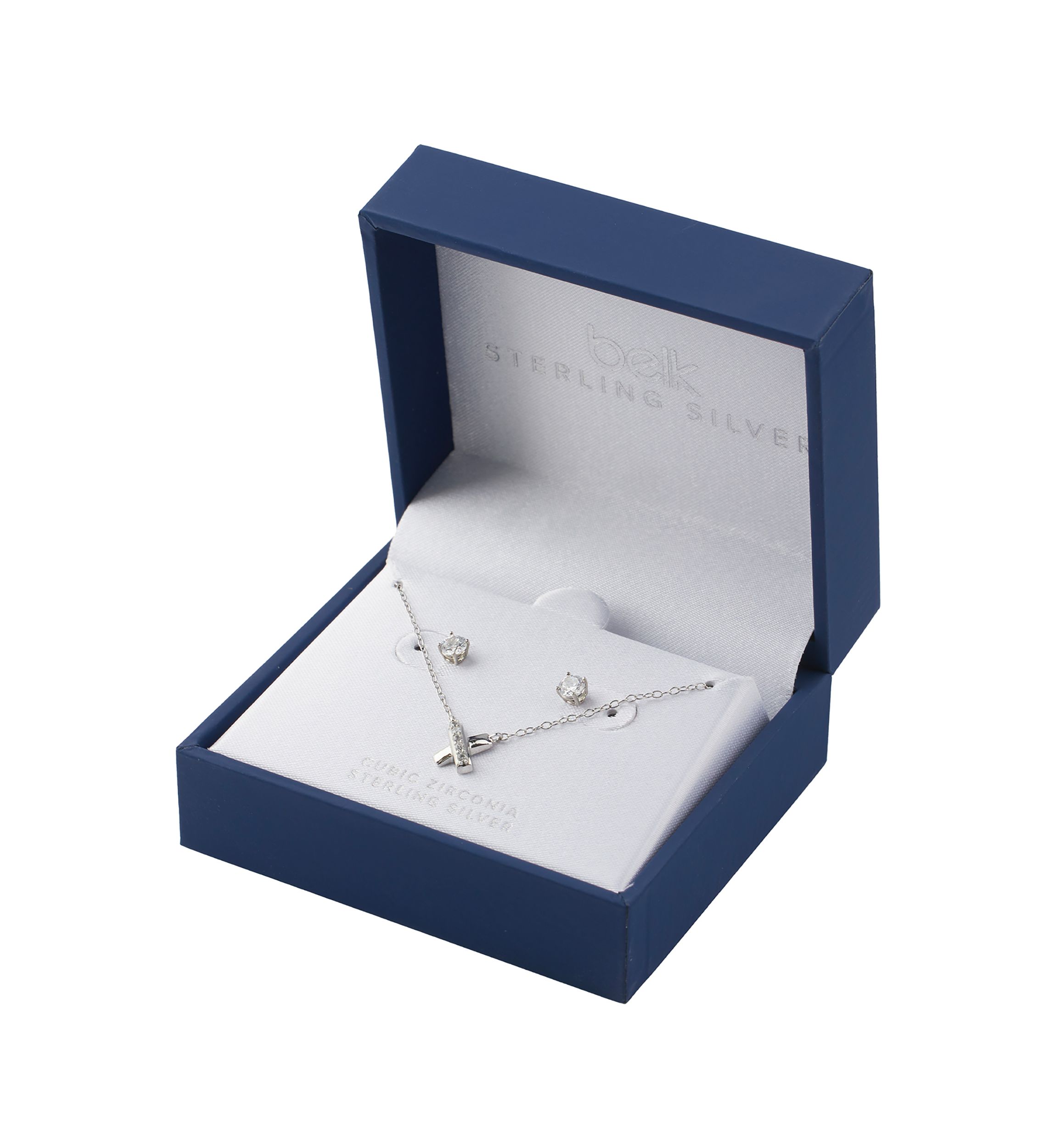 Boxed Sterling Silver Cubic Zirconia X Necklace and Stud Earring Set