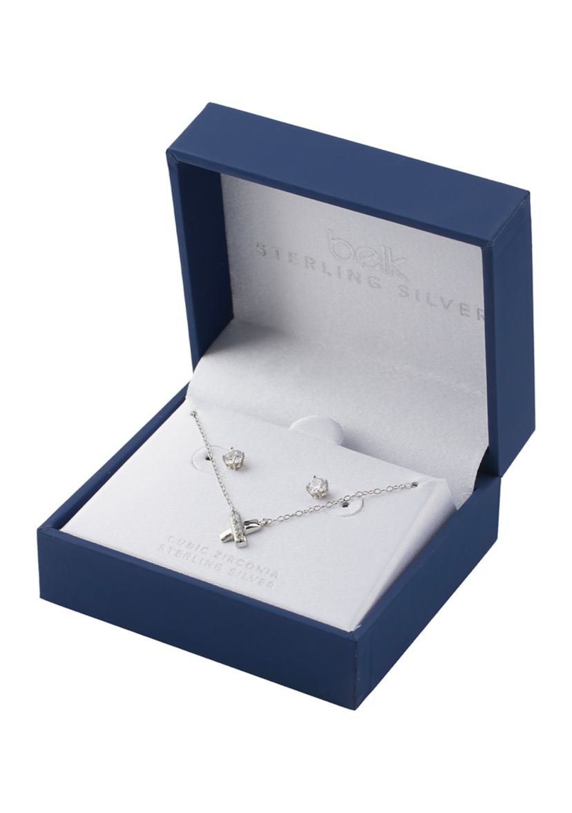 Boxed Sterling Silver Cubic Zirconia X Necklace and Stud Earring Set