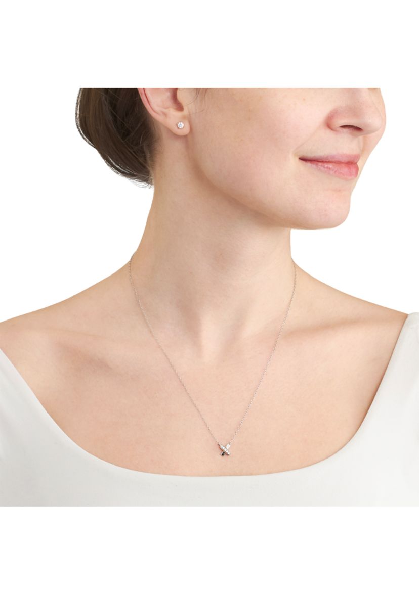 Boxed Sterling Silver Cubic Zirconia X Necklace and Stud Earring Set