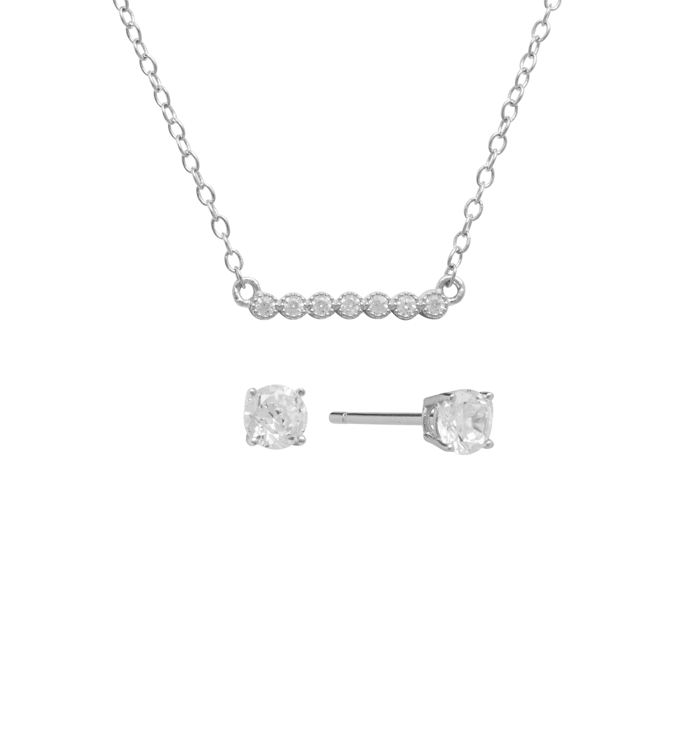 Boxed Sterling Silver 16" Cubic Zirconia Pavé Bar Necklace and 4 Millimeter Stud Earrings Set