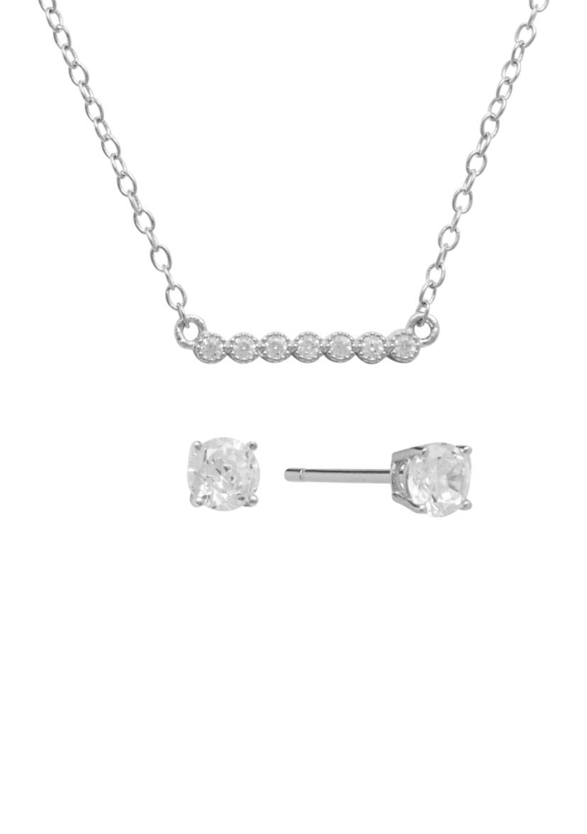 Boxed Sterling Silver 16" Cubic Zirconia Pavé Bar Necklace and 4 Millimeter Stud Earrings Set