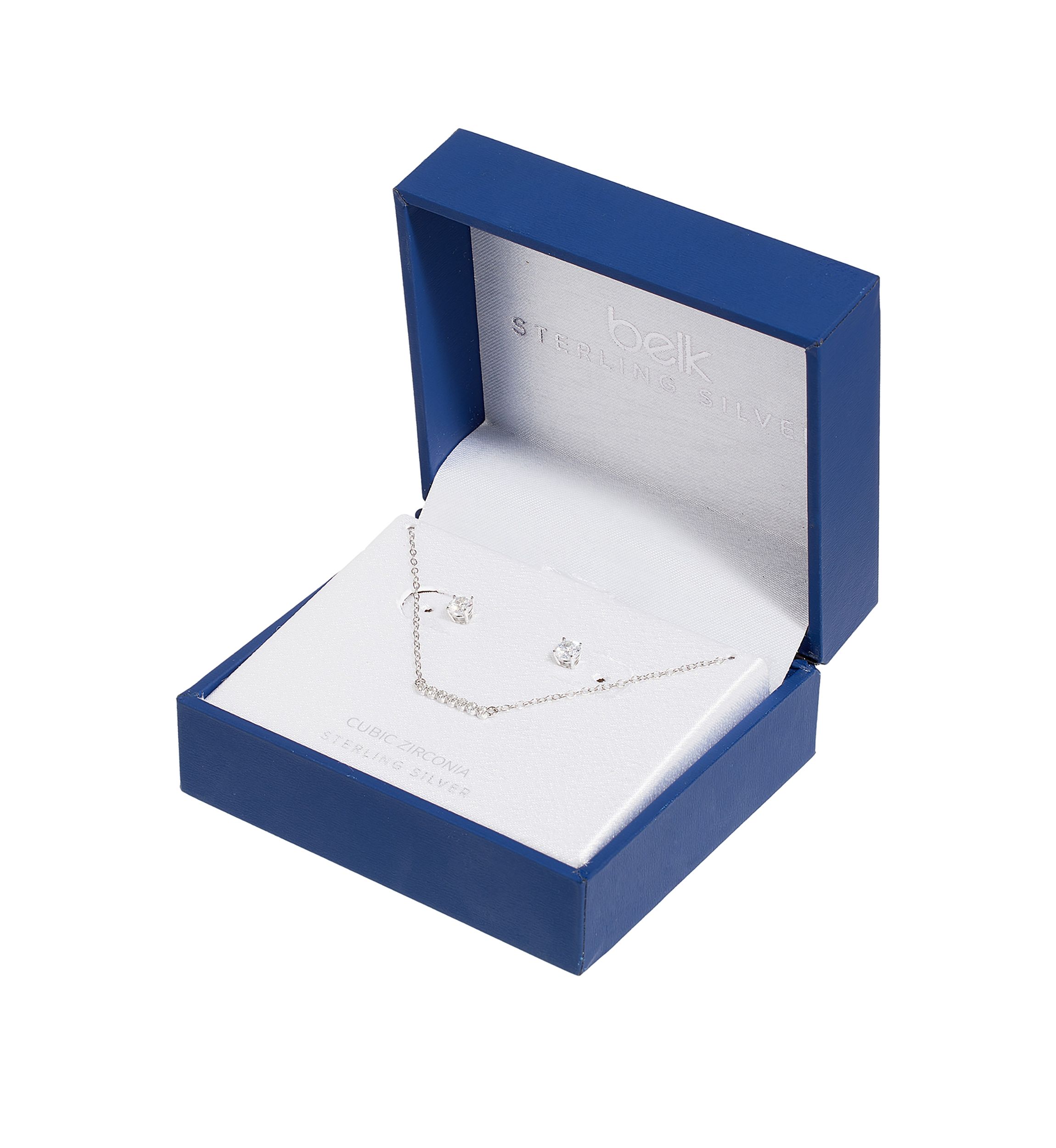 Boxed Sterling Silver 16" Cubic Zirconia Pavé Bar Necklace and 4 Millimeter Stud Earrings Set