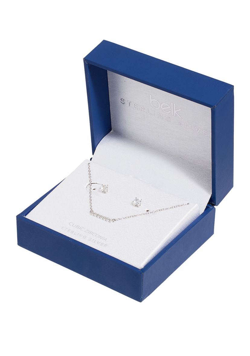 Boxed Sterling Silver 16" Cubic Zirconia Pavé Bar Necklace and 4 Millimeter Stud Earrings Set