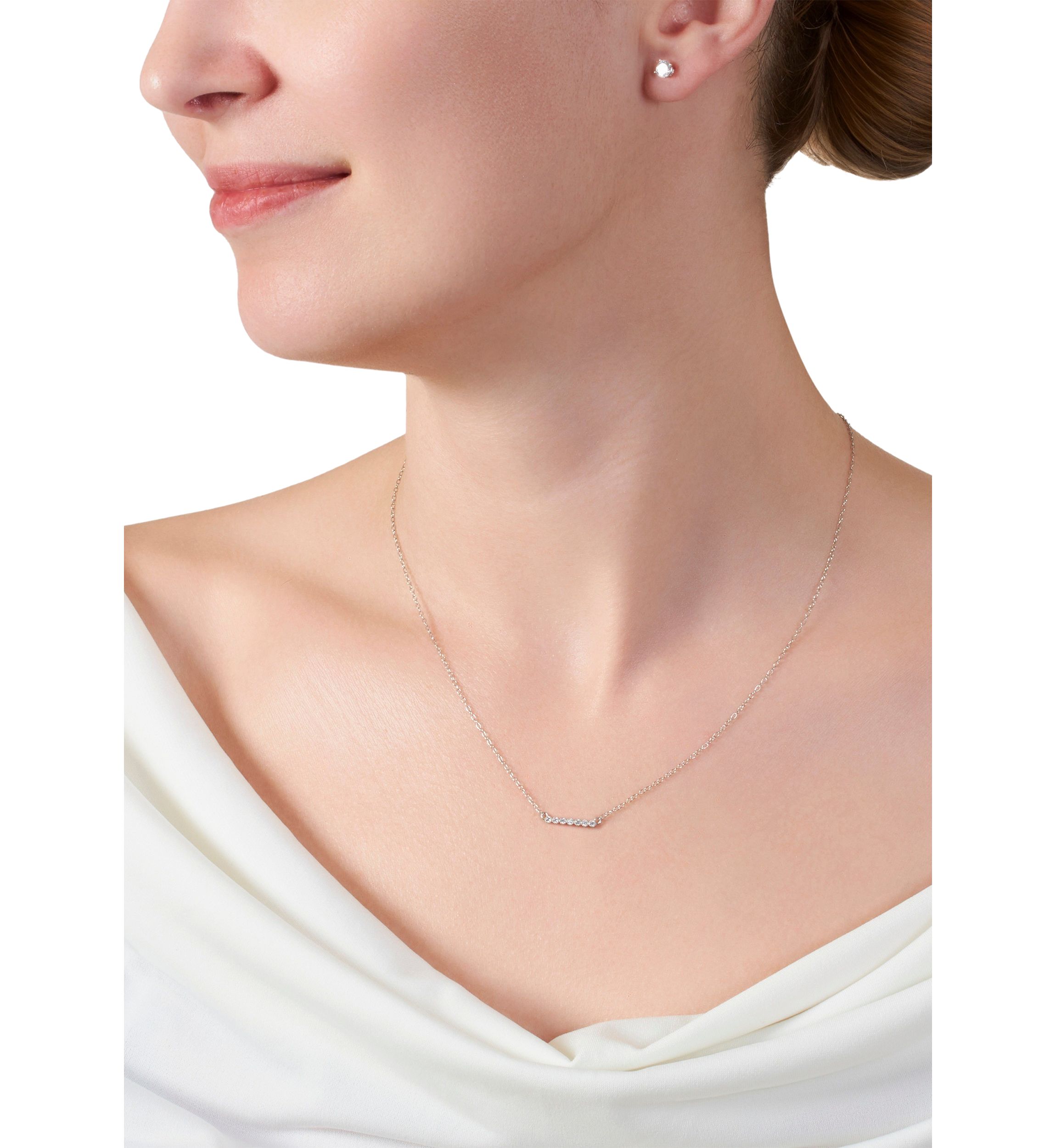 Boxed Sterling Silver 16" Cubic Zirconia Pavé Bar Necklace and 4 Millimeter Stud Earrings Set