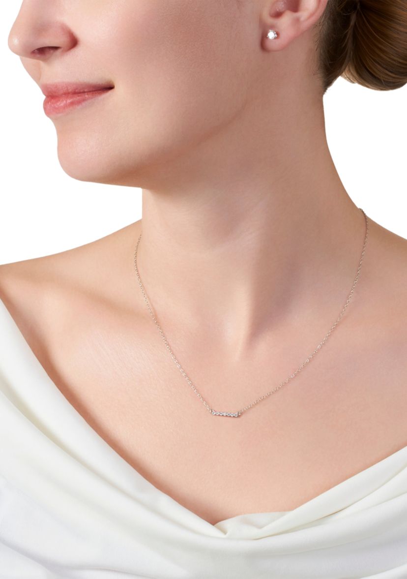 Boxed Sterling Silver 16" Cubic Zirconia Pavé Bar Necklace and 4 Millimeter Stud Earrings Set