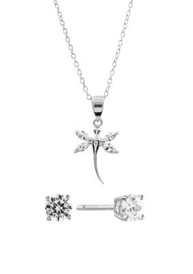 Boxed Sterling Silver Cubic Zirconia Dragonfly Necklace and Stud Earring Set