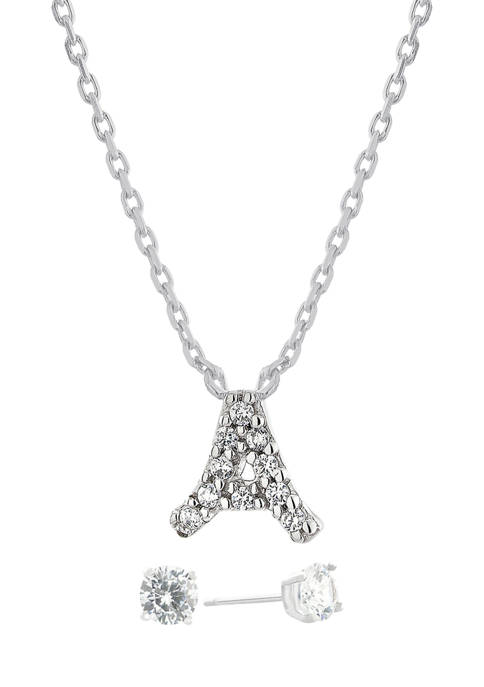 Boxed Sterling Silver Cubic Zirconia Initial A Necklace and Prong Stud Earring Set