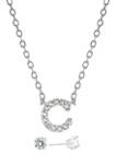 Boxed Sterling Silver Cubic Zirconia Initial C Necklace and Prong Stud Earring Set