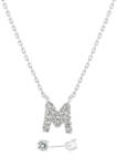 Boxed Sterling Silver Cubic Zirconia Initial M Necklace and Prong Stud Earring Set