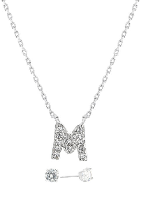 Boxed Sterling Silver Cubic Zirconia Initial M Necklace and Prong Stud Earring Set
