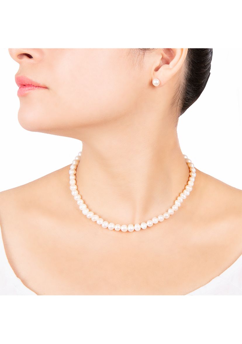 Freshwater Pearl Sterling Silver Necklace and Pearl Stud Earring Set