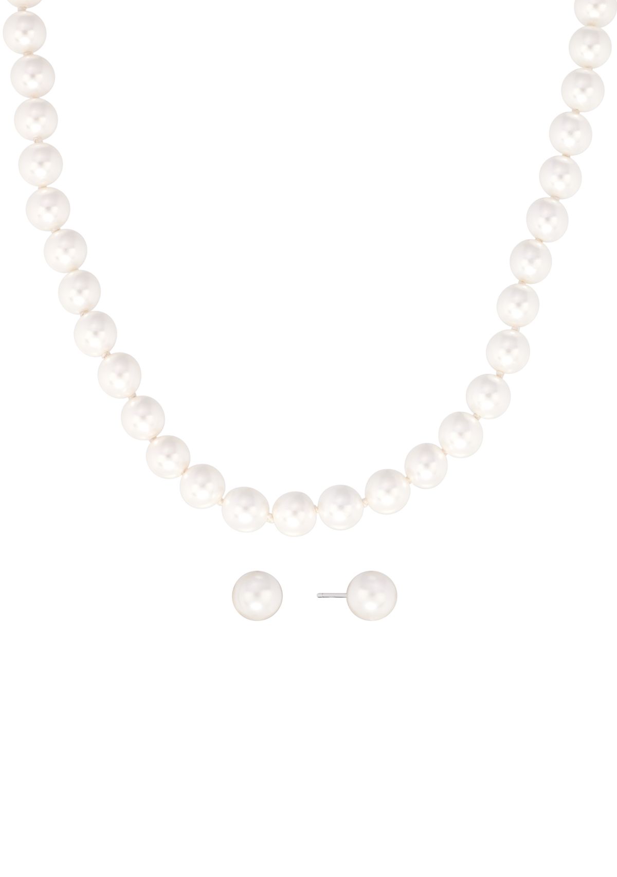 Sterling Silver 7mm Simulated Pearl Necklace and Stud Earring Set