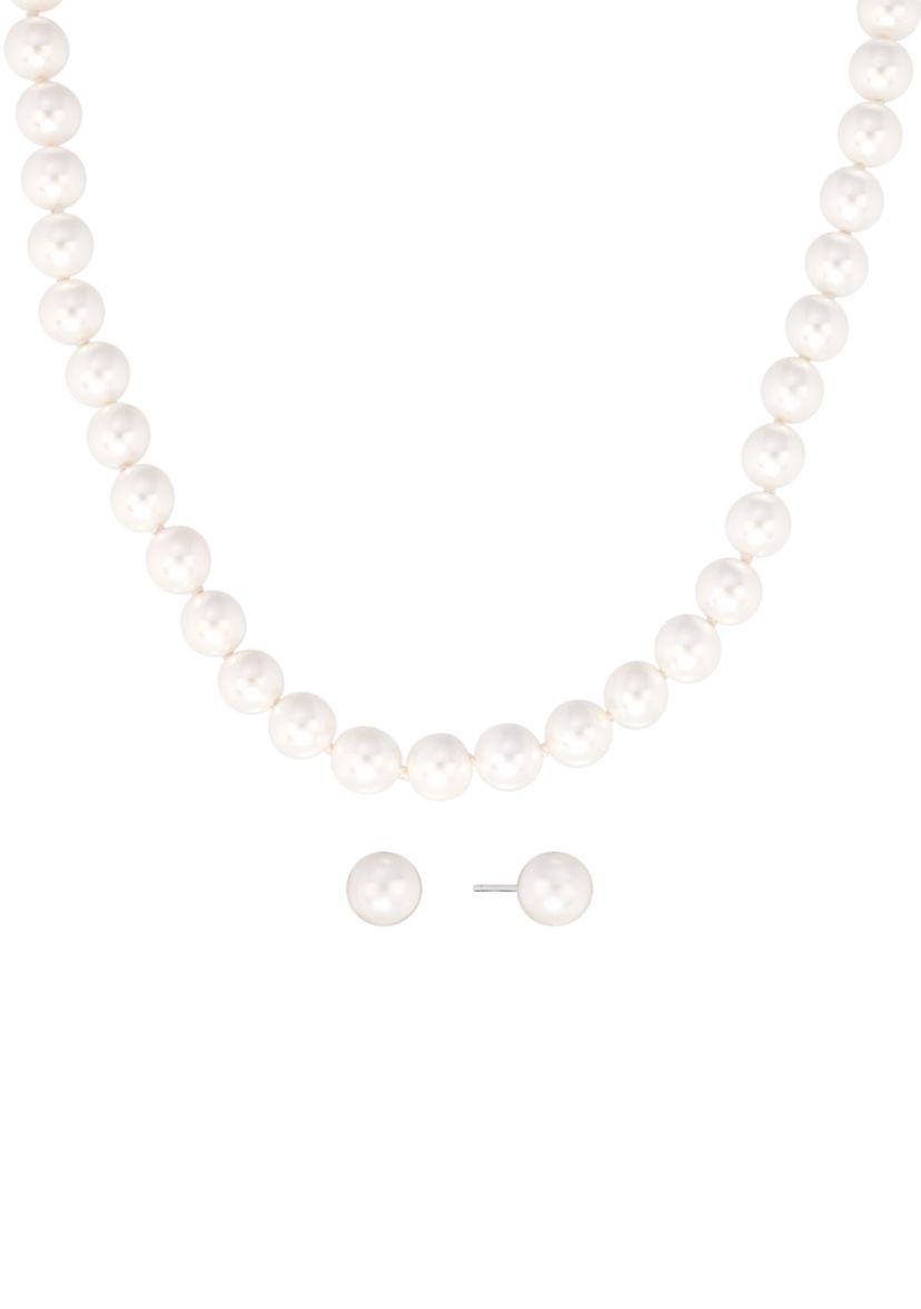 Sterling Silver 7mm Simulated Pearl Necklace and Stud Earring Set