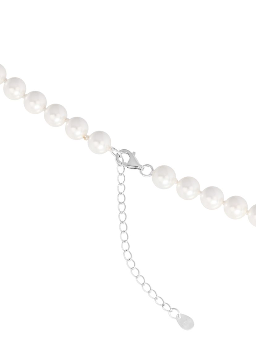 Sterling Silver 7mm Simulated Pearl Necklace and Stud Earring Set