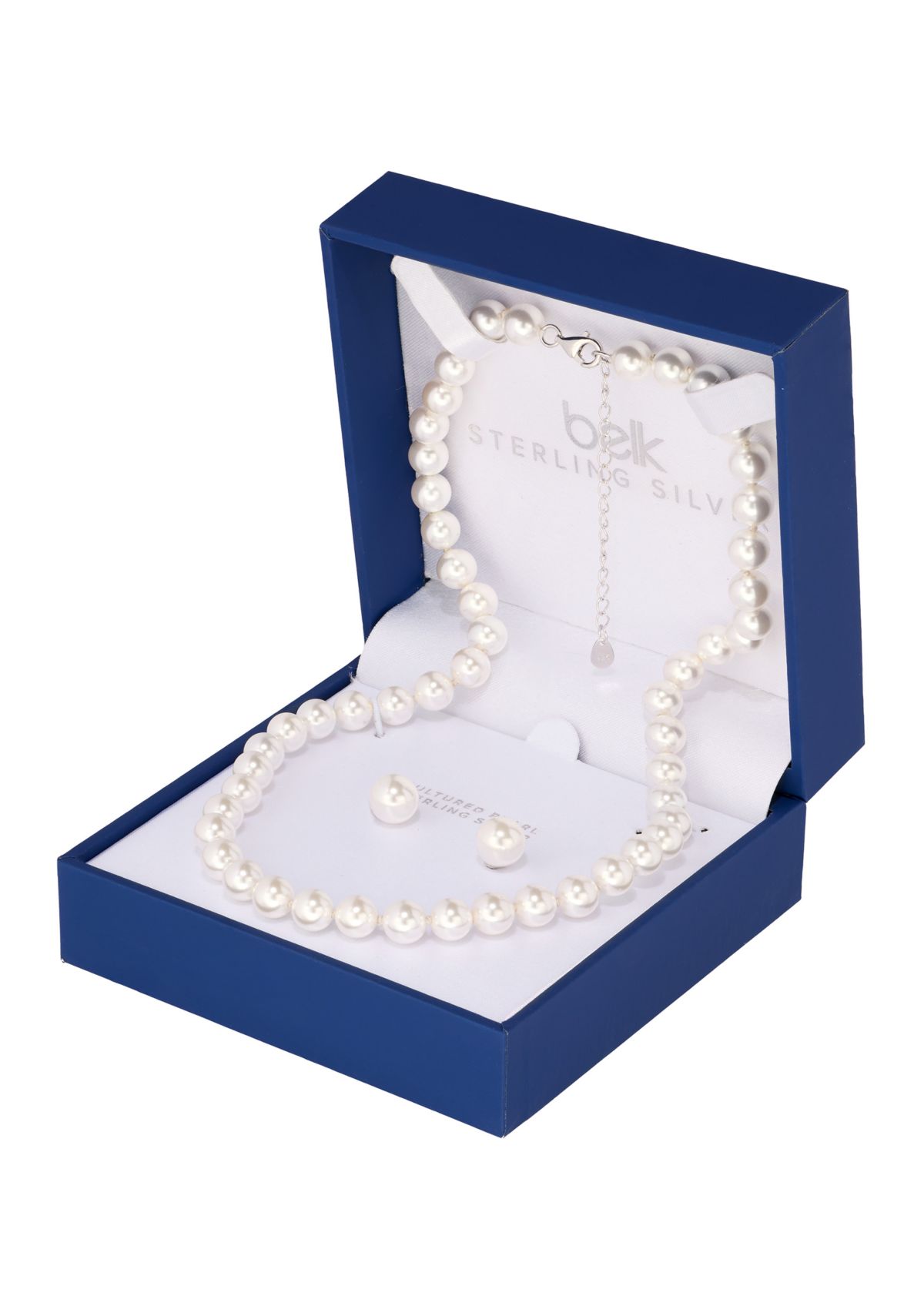 Sterling Silver 7mm Simulated Pearl Necklace and Stud Earring Set