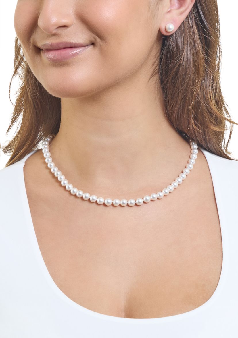 Sterling Silver 7mm Simulated Pearl Necklace and Stud Earring Set