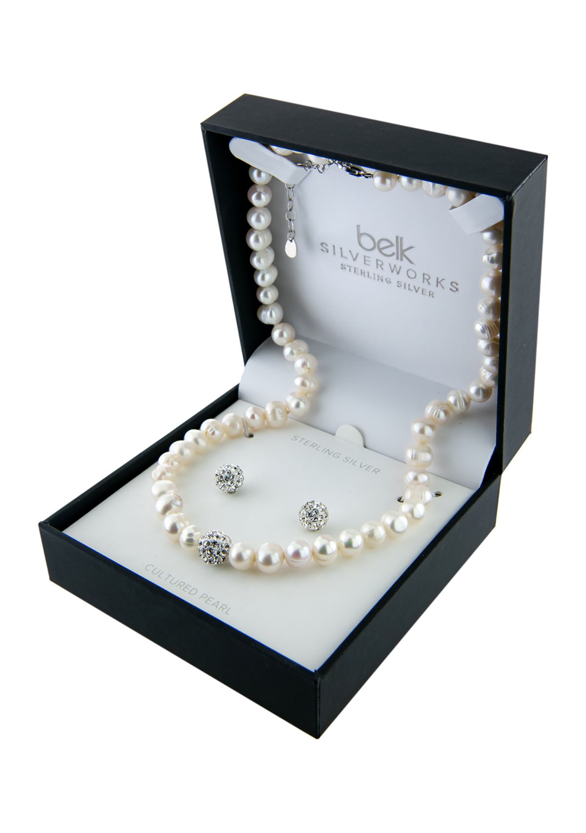 Boxed Sterling Silver 16" + 2" Freshwater Pearl with Crystals Necklace and Stud Earrings Set