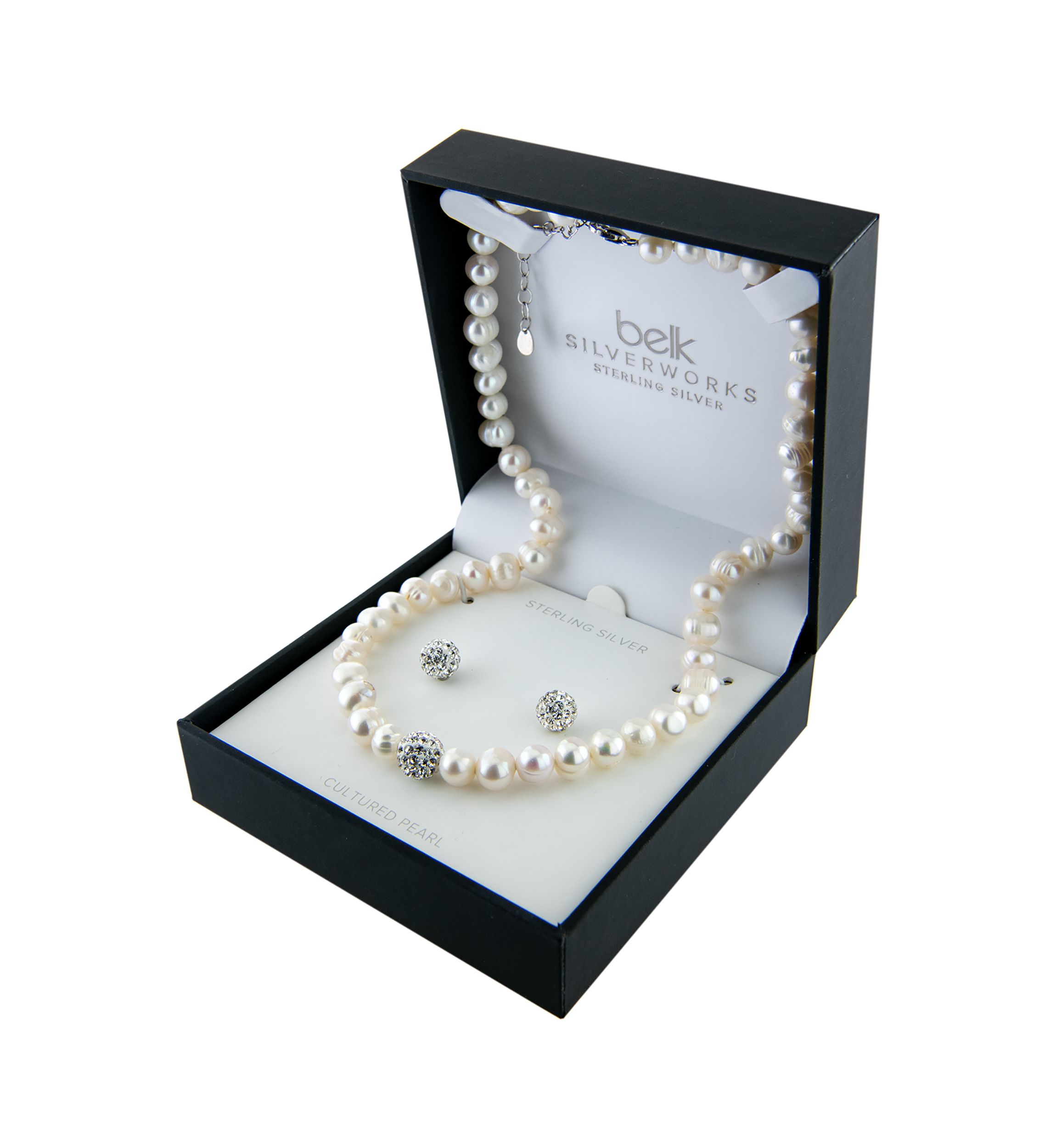 Boxed Sterling Silver 16" + 2" Freshwater Pearl with Crystals Necklace and Stud Earrings Set